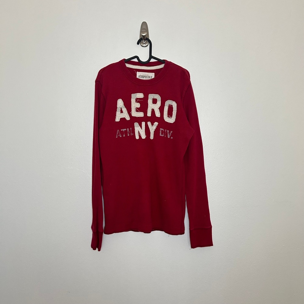 Aeropostale Mens Burgundy Waffle Knit Thermal Long Sleeve Shirt AERO NY Red S